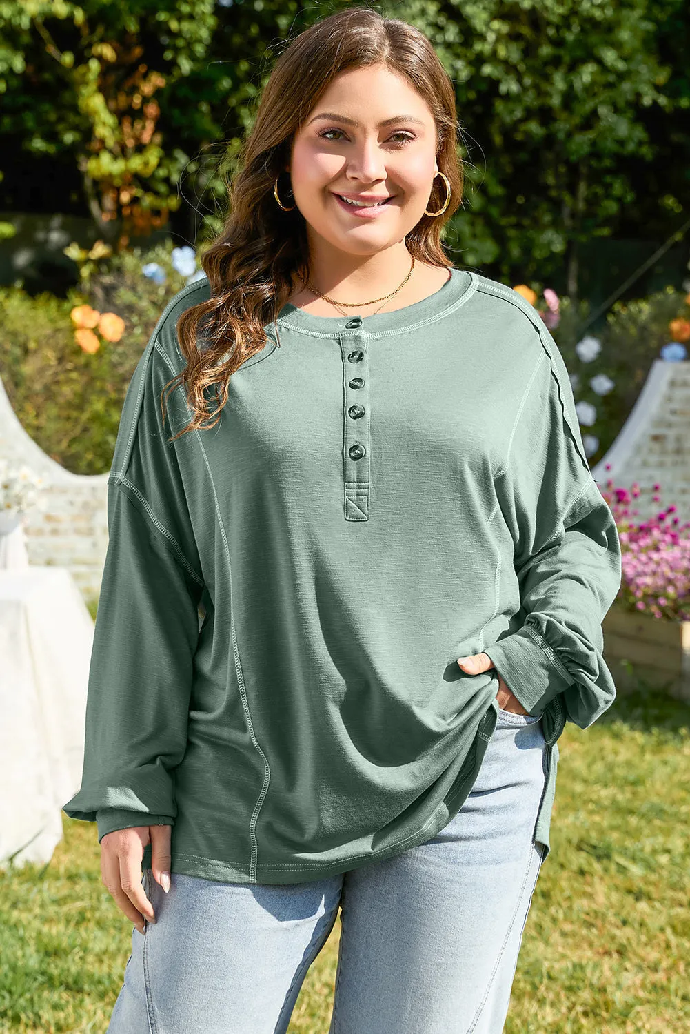 Seagrass Plus Size Exposed Seam Drop Shoulder Henley Top sold by eAura product image thumbnail 5