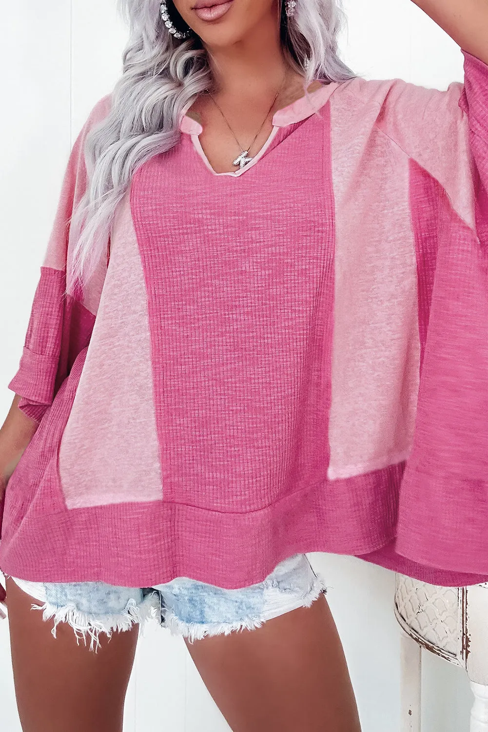 Bright Pink Textured Colourblock 3/4 Sleeve Oversize Top sold by eAura product image thumbnail 2