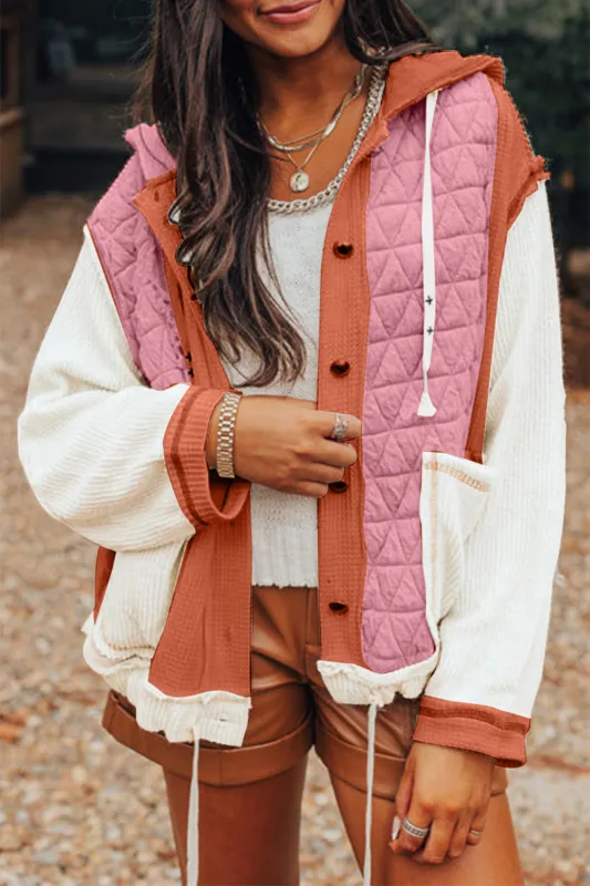 Coral Quilted Textured Patchwork Loose Fit Hooded Jacket sold by eAura