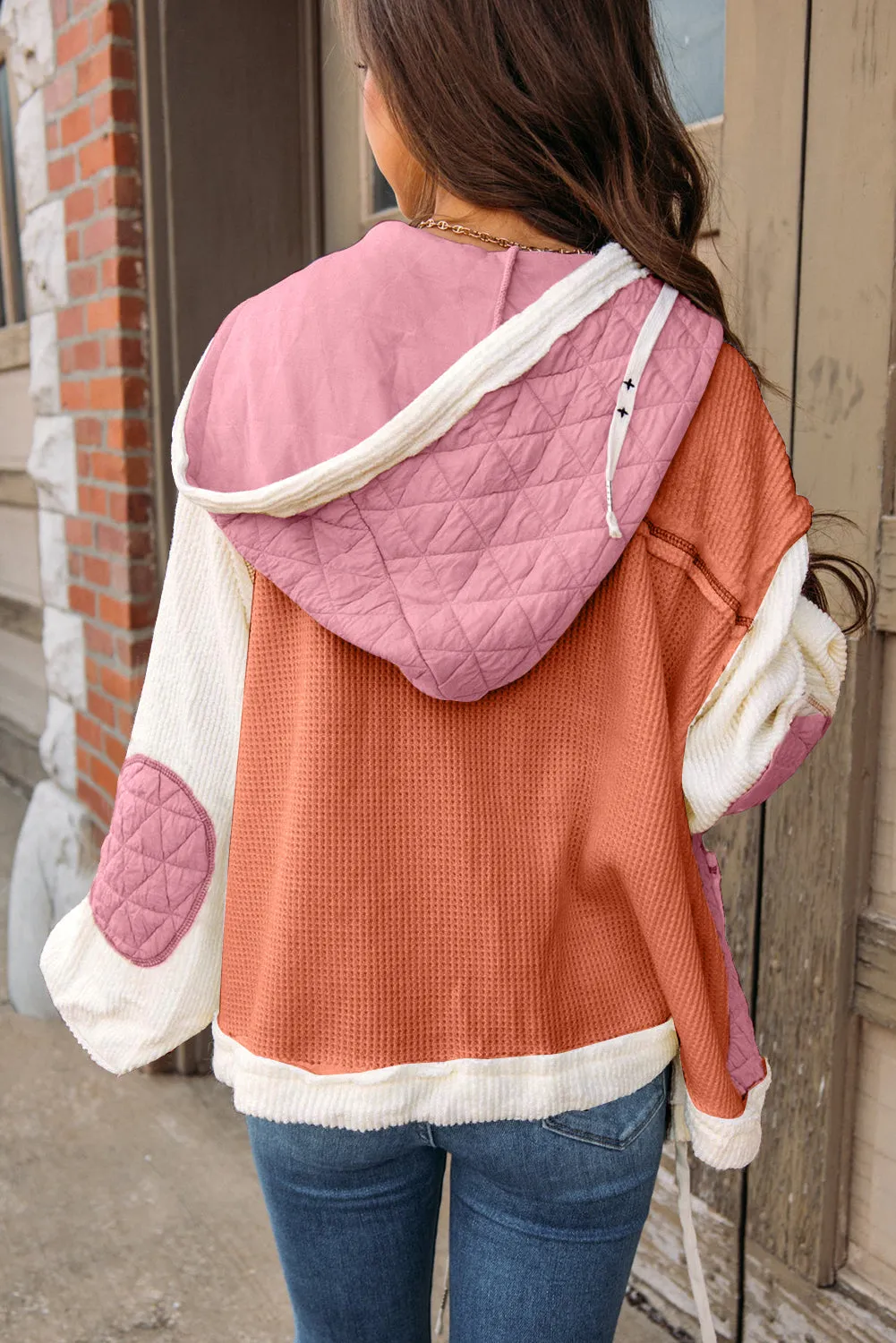 Coral Quilted Textured Patchwork Loose Fit Hooded Jacket sold by eAura product image thumbnail 2