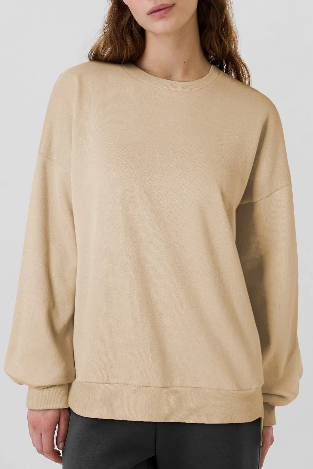 Apricot Solid Fleece Lined Drop Shoulder High Low Sweatshirt sold by eAura product image thumbnail 4