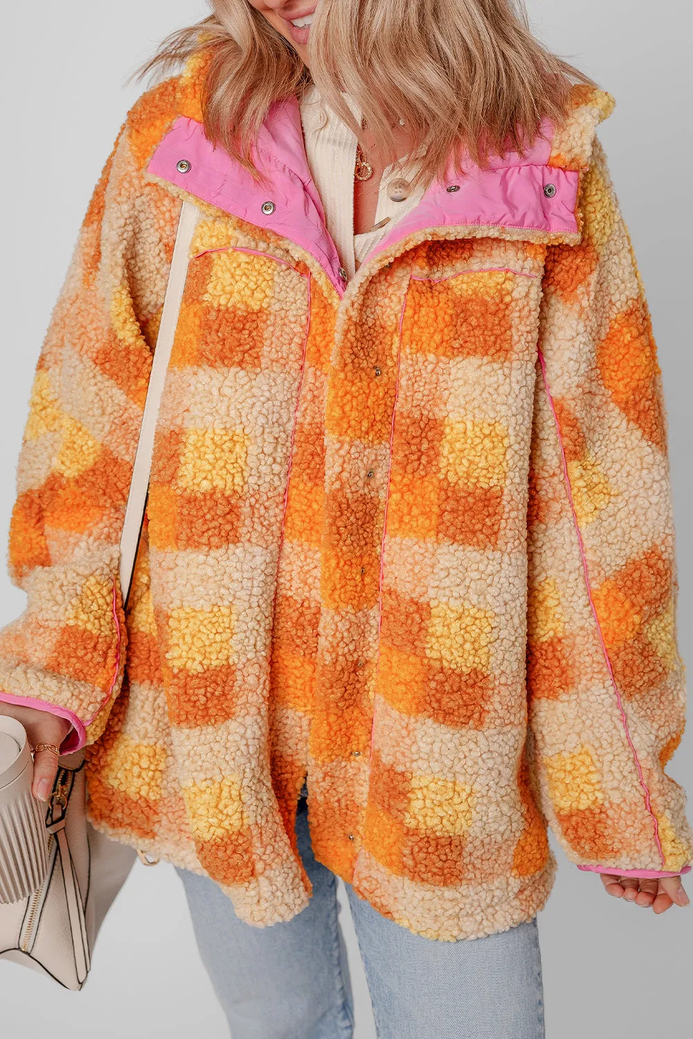 Orange Checkered Sherpa Hooded Jacket sold by eAura product image thumbnail 3