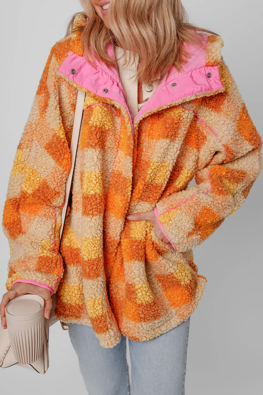 Orange Checkered Sherpa Hooded Jacket sold by eAura product image thumbnail 4
