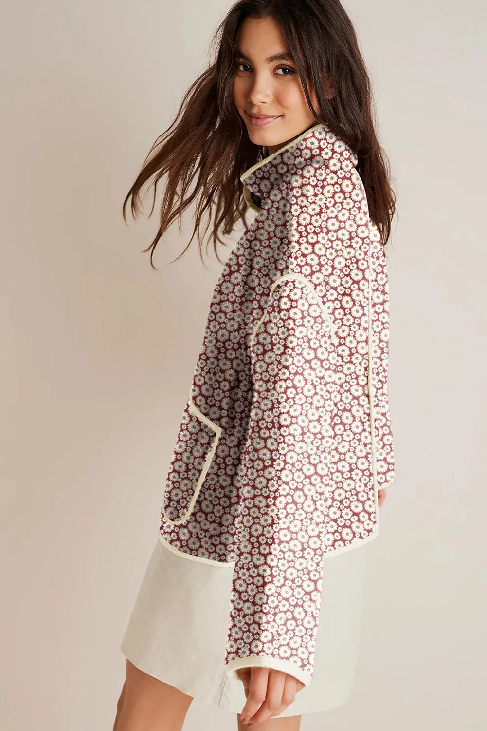 Pink Floral Print Contrast Edge Stand Neck Coat sold by eAura product image thumbnail 2