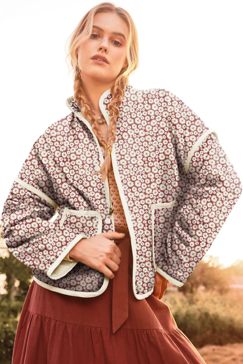 Pink Floral Print Contrast Edge Stand Neck Coat sold by eAura product image thumbnail 3