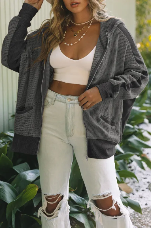 Grey Thermal Waffle Knit Full Zipper Hooded Jacket sold by eAura