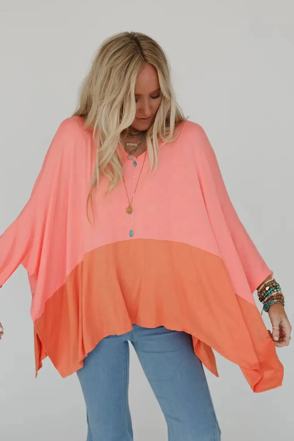 Grapefruit Orange Contrast Color Patchwork Oversized Side Split Top sold by eAura product image thumbnail 4