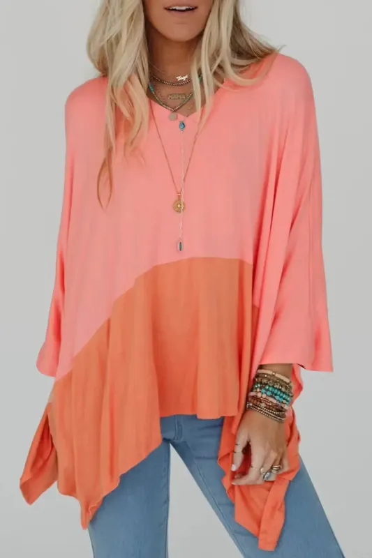 Grapefruit Orange Contrast Color Patchwork Oversized Side Split Top sold by eAura