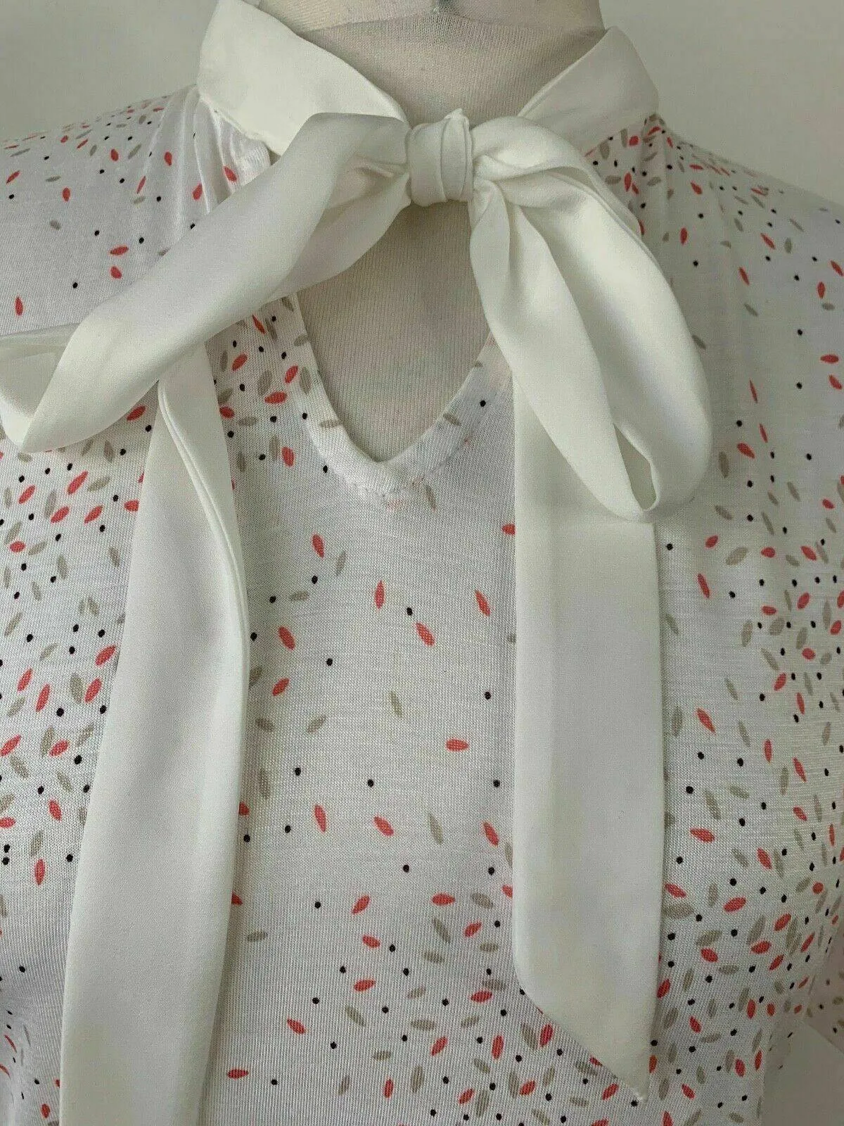 M&S Ivory Mix Tie Neck Top Size 10 Short Flared Sleeve sold by eAura product image thumbnail 2
