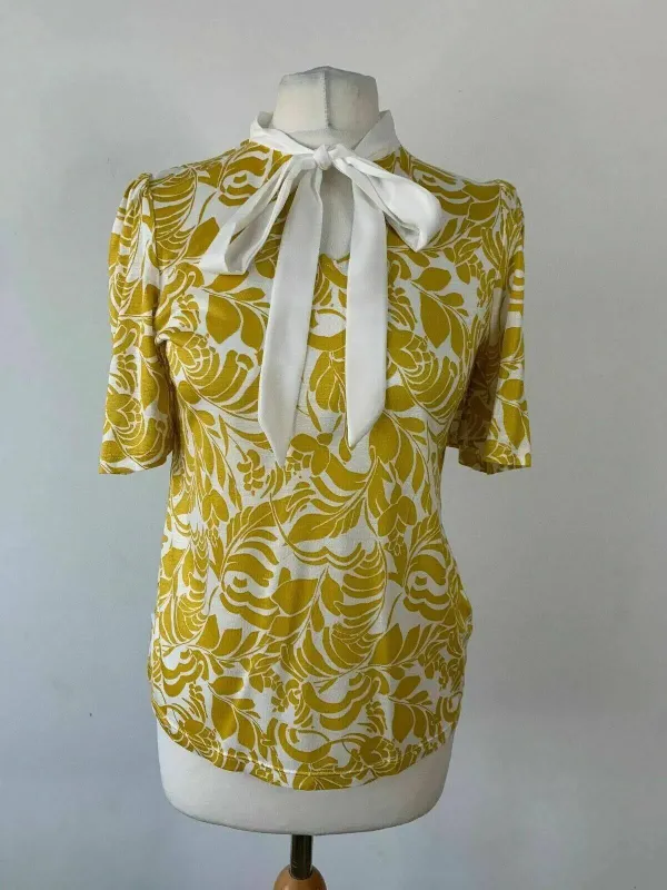 M&S Short Flared Sleeves Tie Neck Yellow Mix Top t-shirt Sizes 8 12 sold by eAura