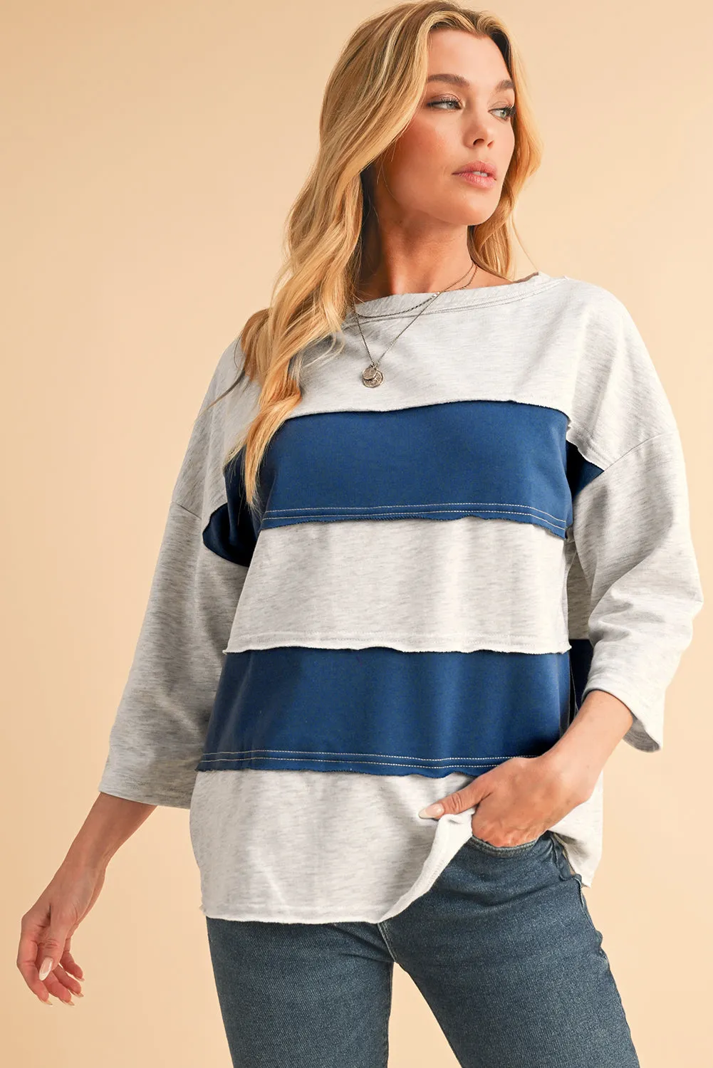 Striped Patchwork 3/4 Sleeves Raw Edge Sweatshirt sold by eAura product image thumbnail 5