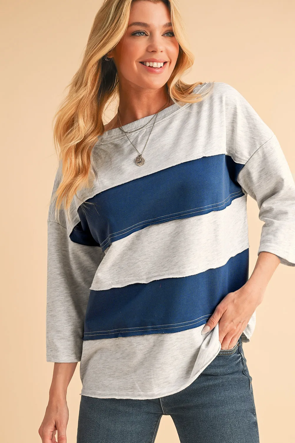 Striped Patchwork 3/4 Sleeves Raw Edge Sweatshirt sold by eAura product image thumbnail 4