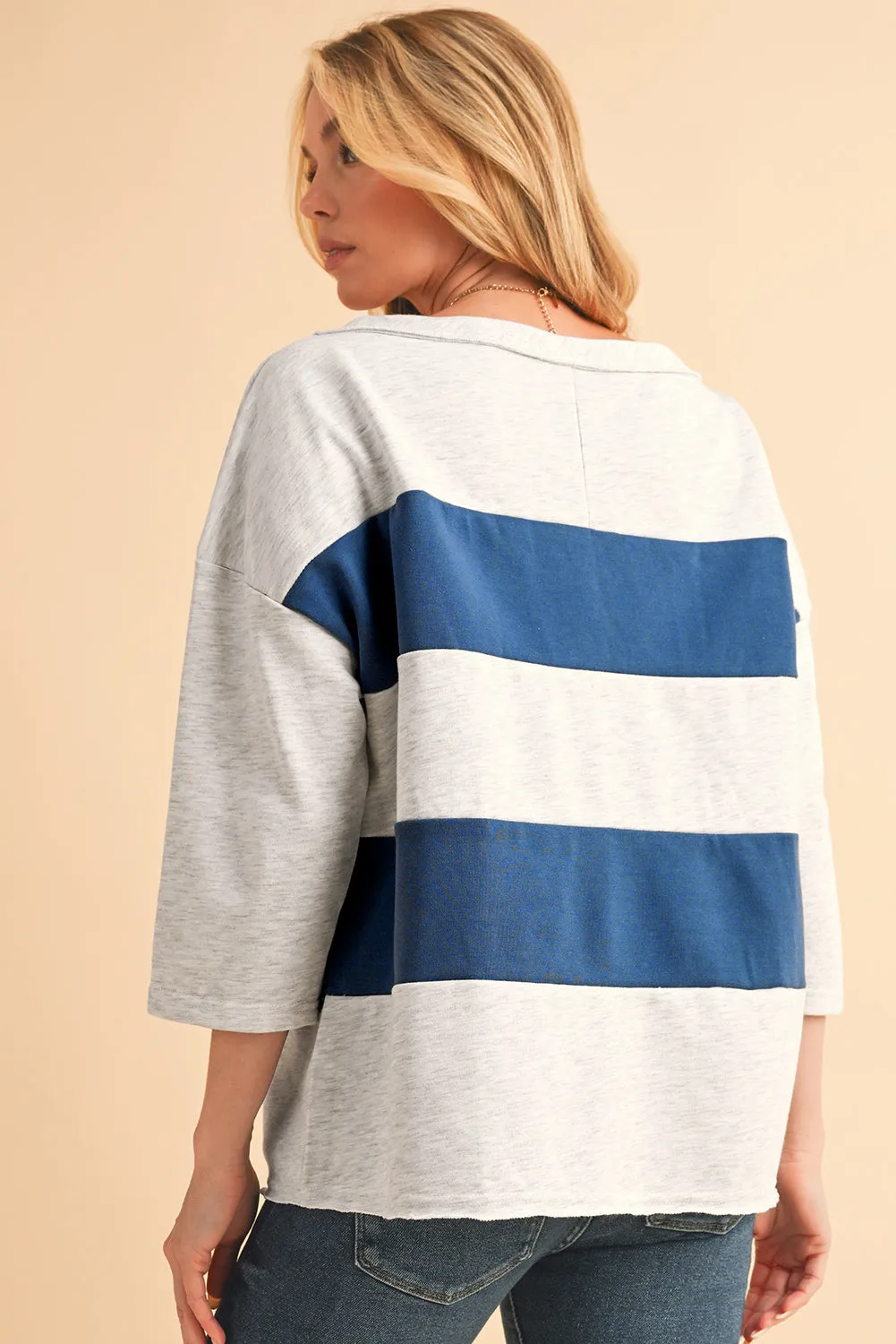Striped Patchwork 3/4 Sleeves Raw Edge Sweatshirt sold by eAura product image thumbnail 2