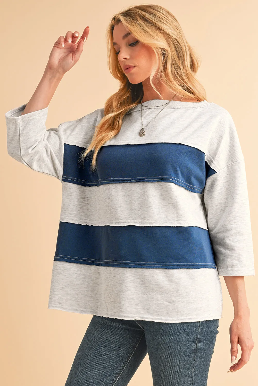 Striped Patchwork 3/4 Sleeves Raw Edge Sweatshirt sold by eAura product image thumbnail 3