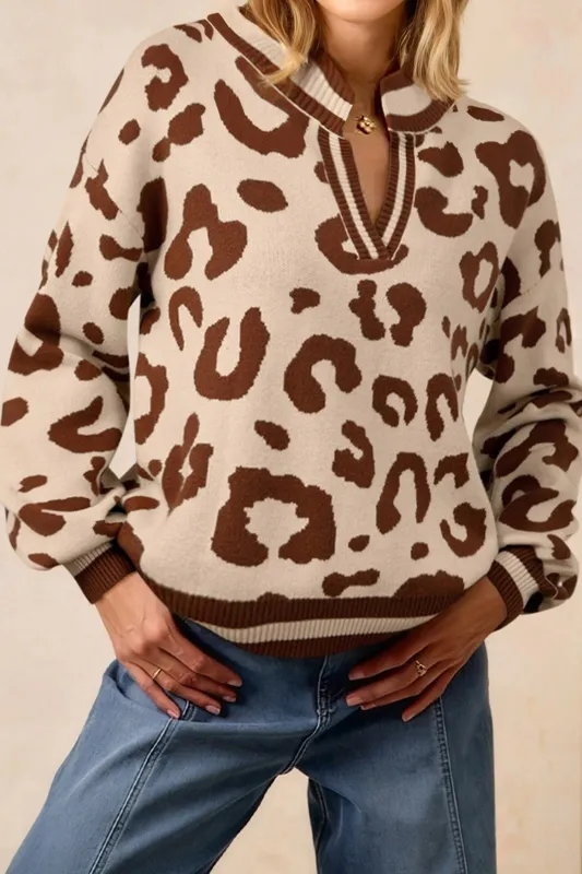 Beige Leopard Printed Knit V-Neck Casual Sweater sold by eAura