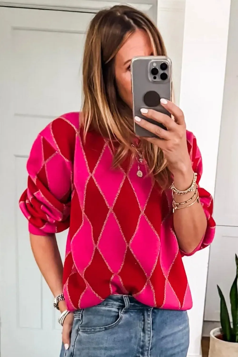 Glitter Rhombus Pattern Knit Casual Sweater sold by eAura product image thumbnail 3