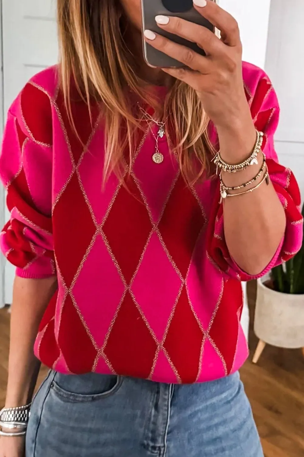 Glitter Rhombus Pattern Knit Casual Sweater sold by eAura