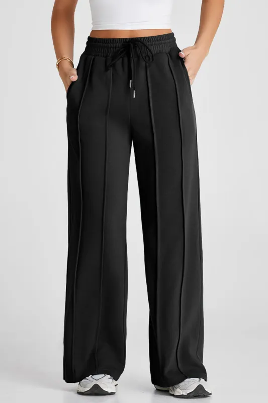 Black Seamed Drawstring High Waist Wide Leg Sweatpants sold by eAura