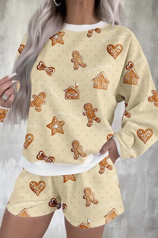 Beige Gingerbread Man Christmas Print Long Sleeve Pullover Lounge Short Set sold by eAura