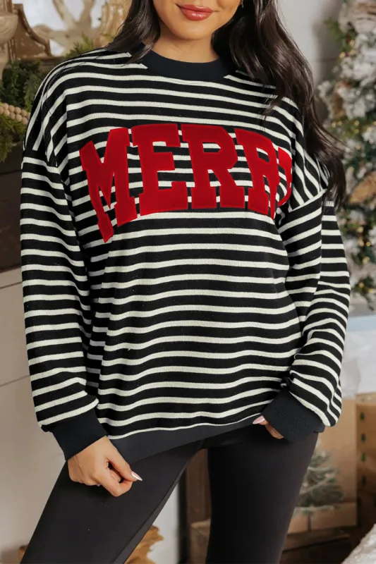 Black Stripe Contrast MERRY Letter Christmas Print Drop Shoulder Sweatshirt sold by eAura