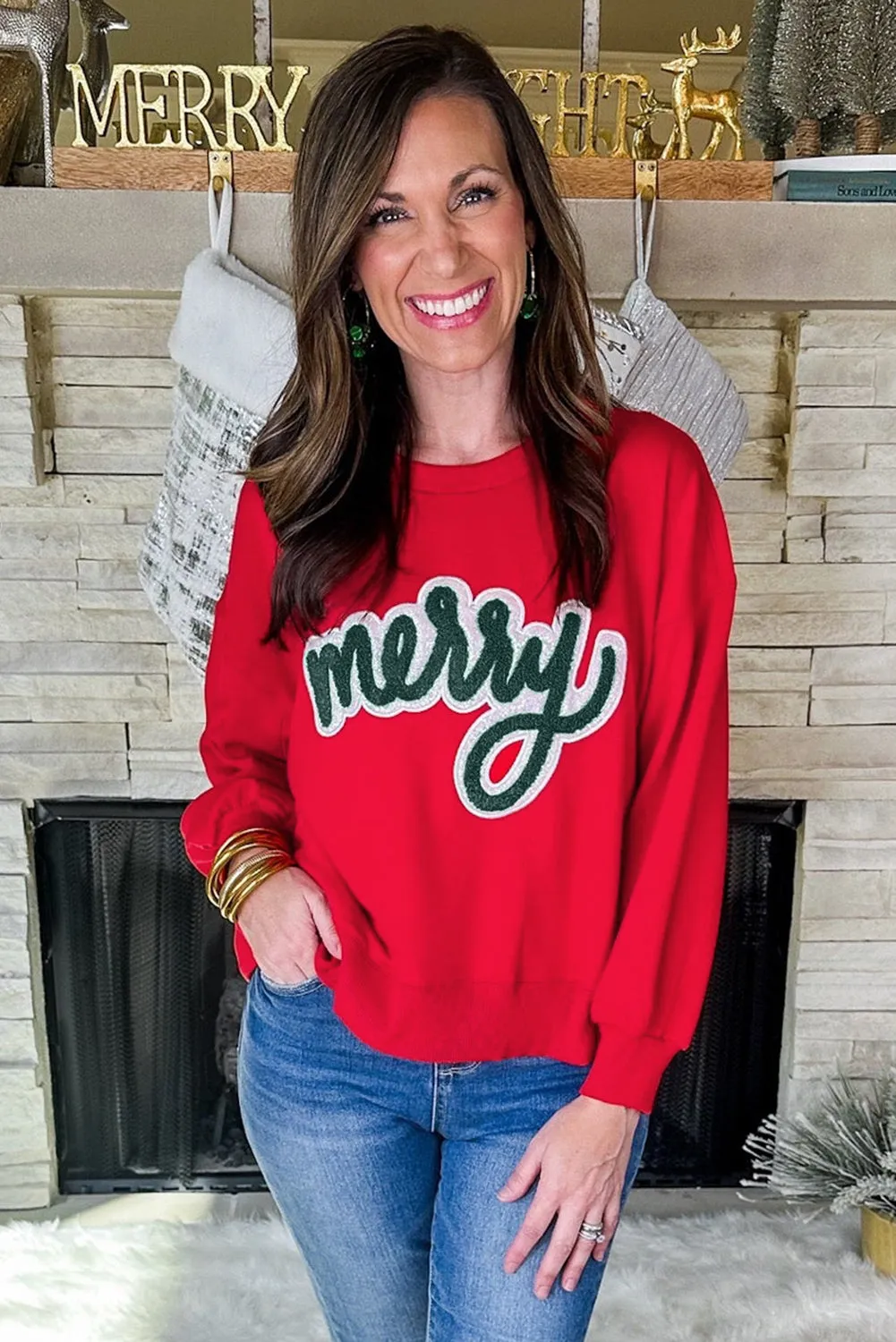 Fiery Red Merry Script Holiday Christmas Graphic Sweatshirt sold by eAura product image thumbnail 4