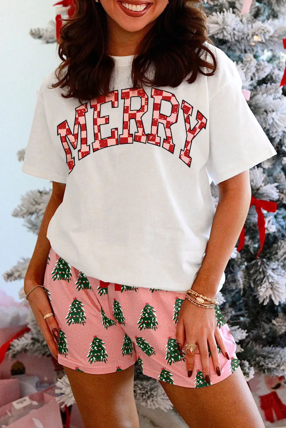 Checkered MERRY Graphic Christmas Tree Print Short Lounge Set sold by eAura product image thumbnail 4