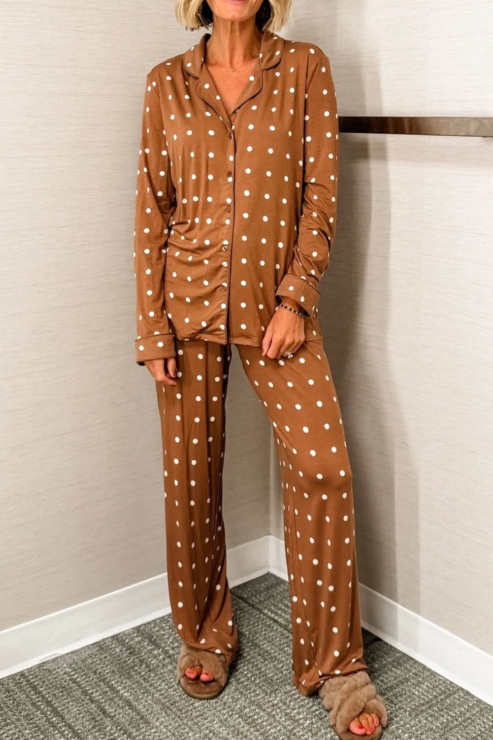 Brown Polka Dot Print Long Sleeve Shirt Pyjama Set sold by eAura