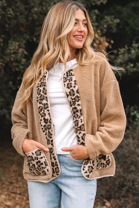 Casual Leopard Print Accent Plush Jacket with Pockets sold by eAura