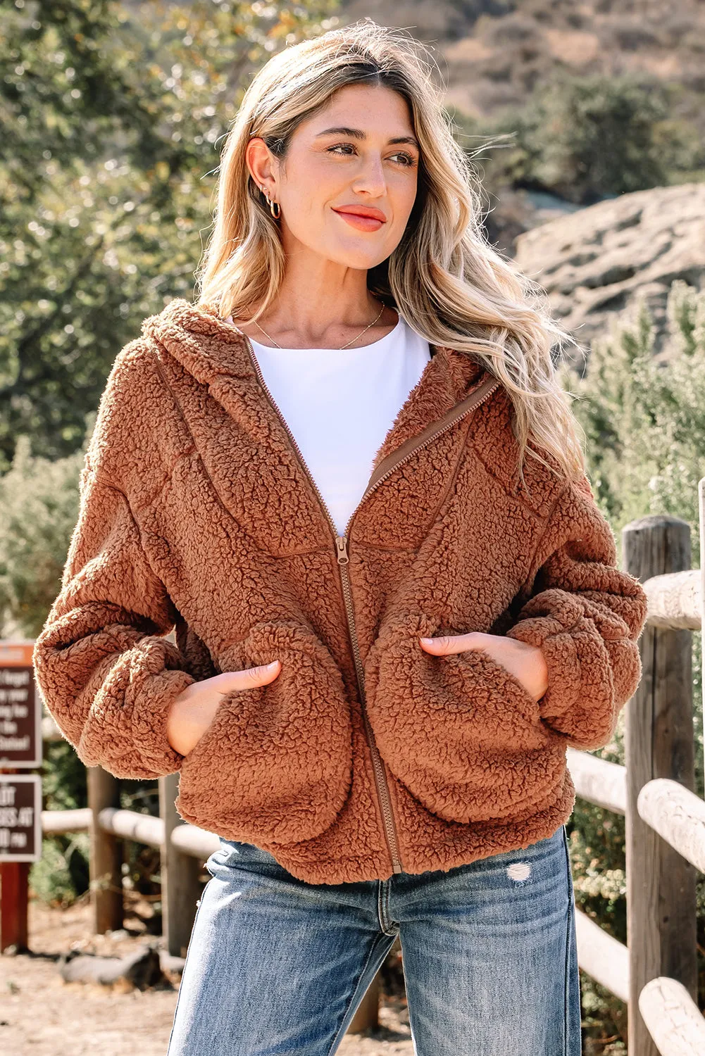 Zip-Up Hooded Sherpa Jacket sold by eAura