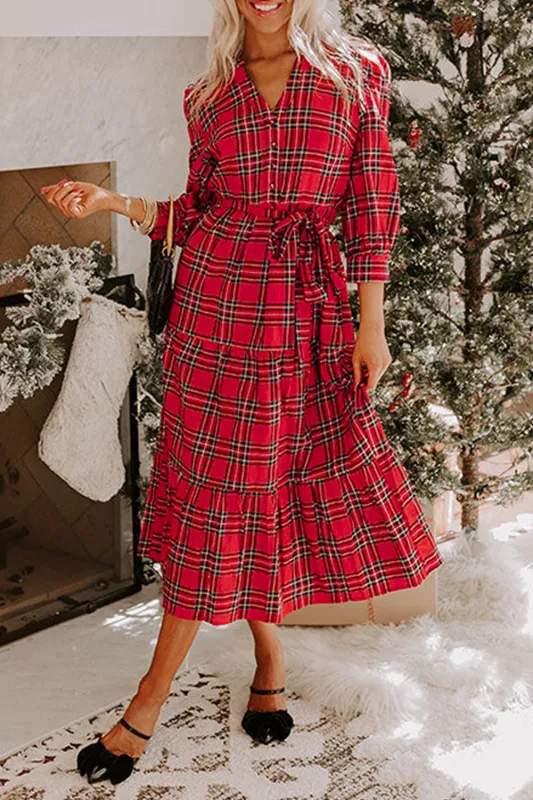 Christmas Plaid Print V-Neck 3/4 Sleeve Tie Waist Long Dress sold by eAura