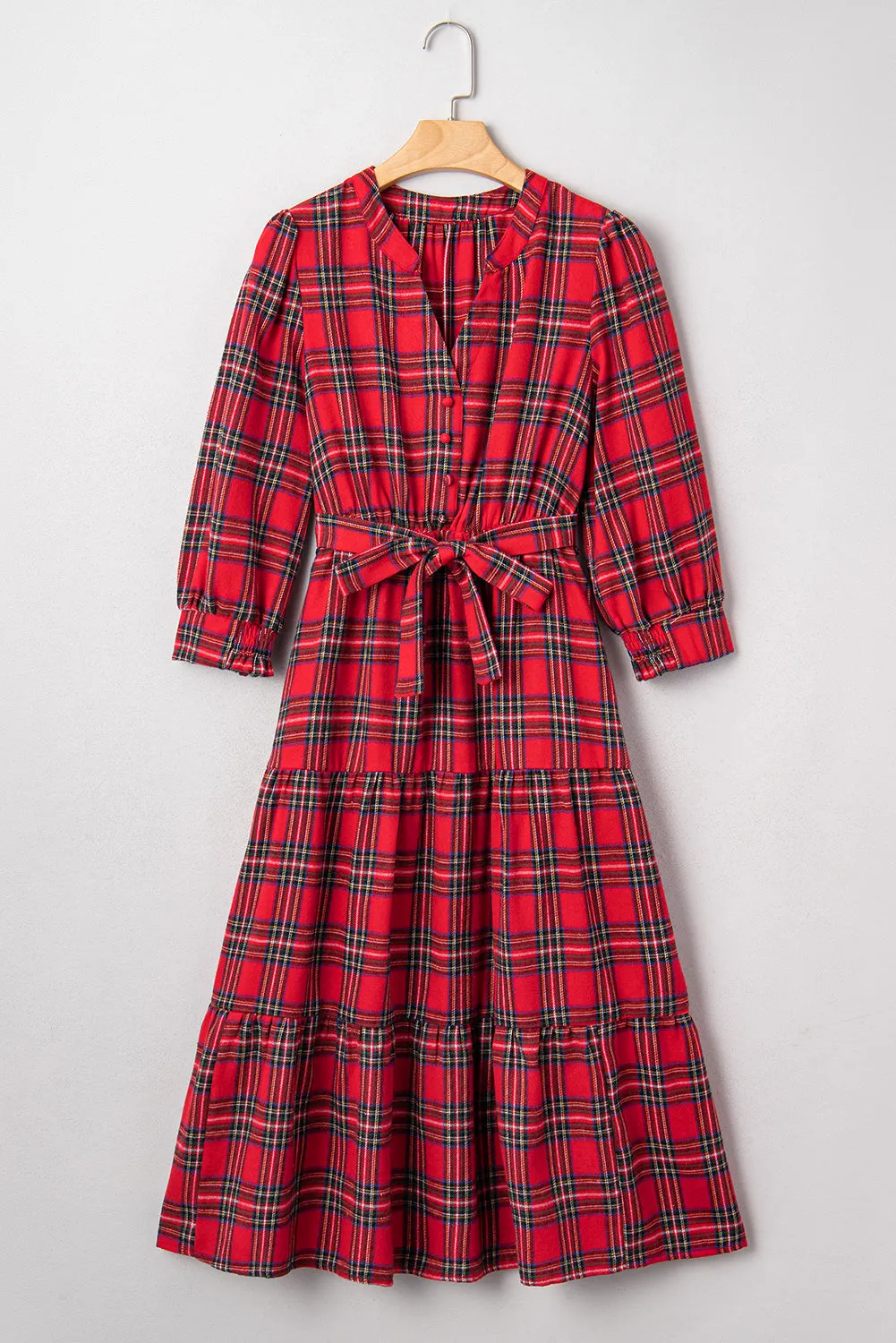 Christmas Plaid Print V-Neck 3/4 Sleeve Tie Waist Long Dress sold by eAura product image thumbnail 5