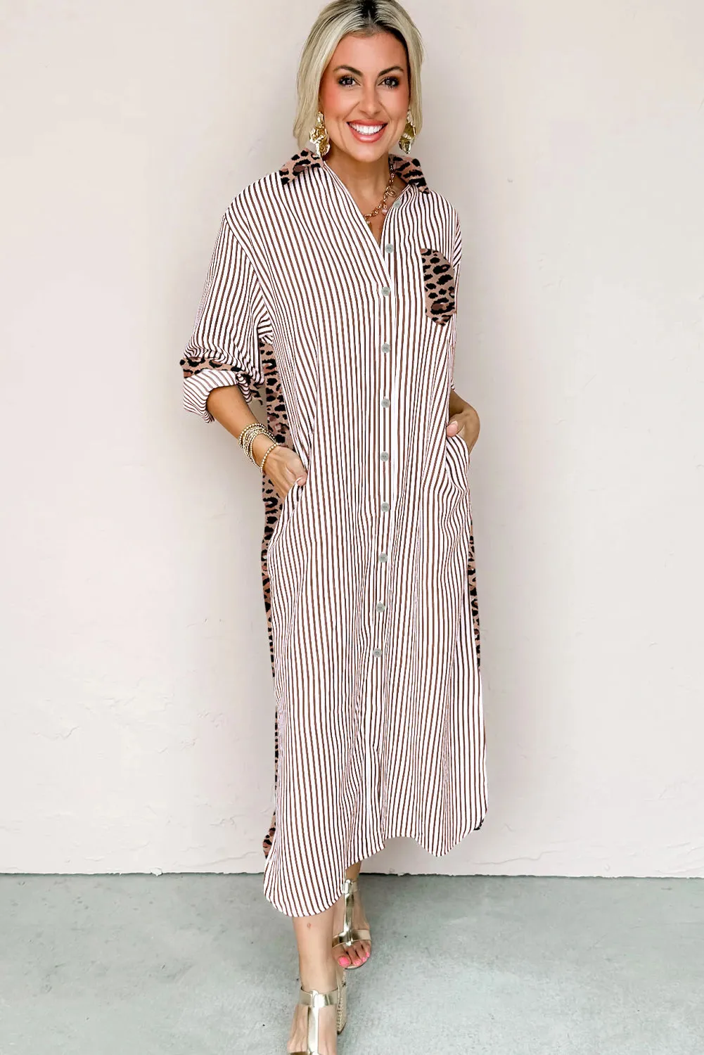 Stripe Contrast Leopard Patchwork Long Shirt Dress with Slits sold by eAura product image thumbnail 3