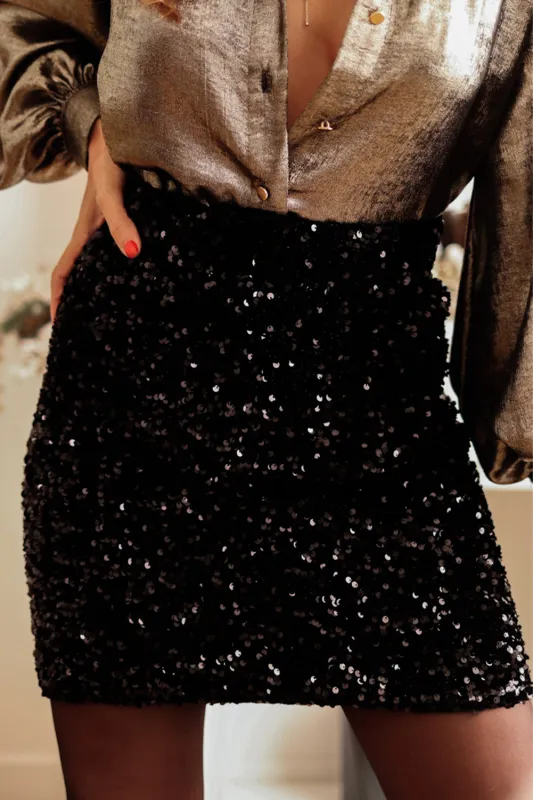 Black Sequin Bodycon Mini Skirt sold by eAura