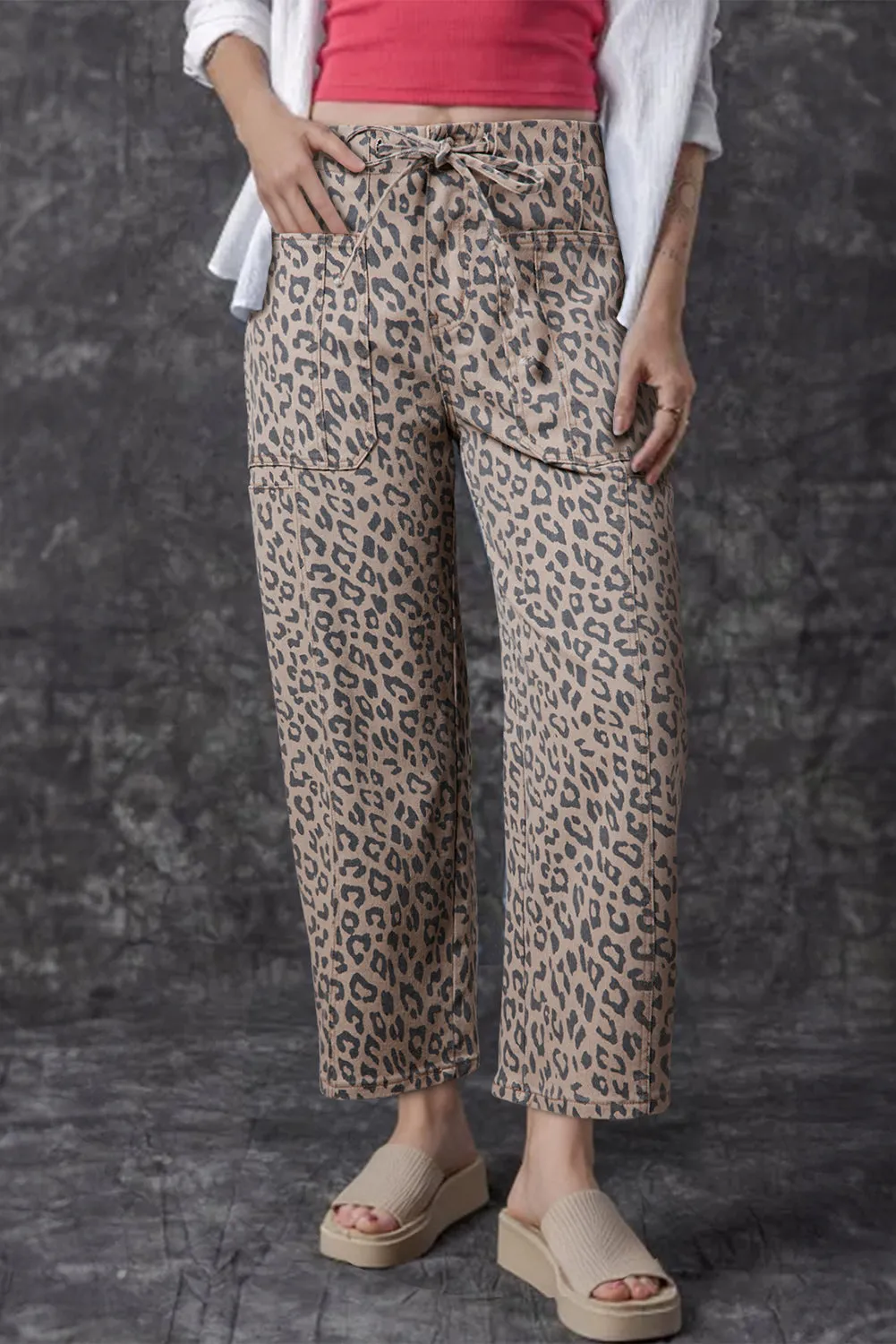 Leopard Printed Drawstring Elastic Waistband Pocketed Wide Leg Jeans sold by eAura