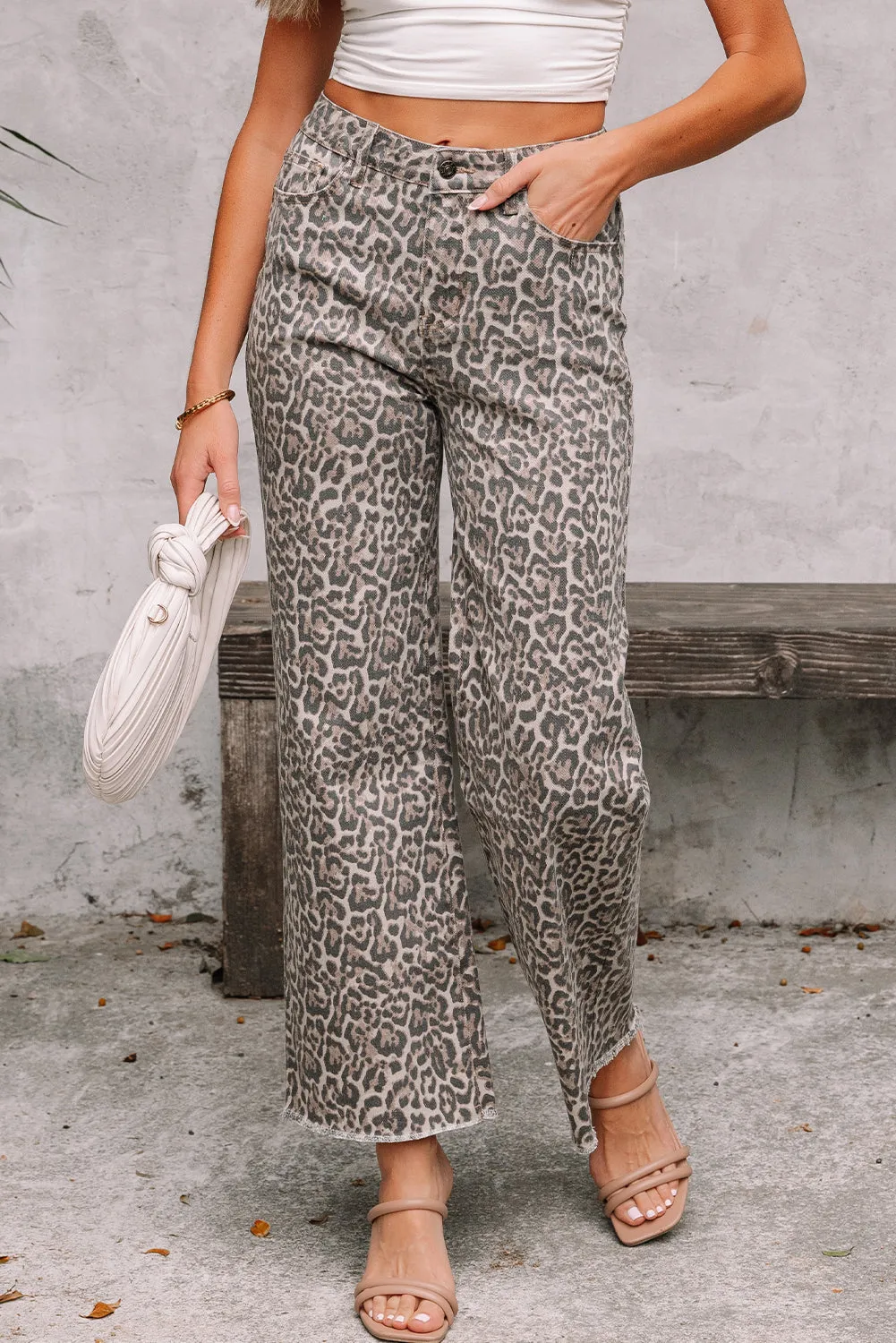 Leopard Frayed Edge Wide Leg High Waist Jeans sold by eAura product image thumbnail 5