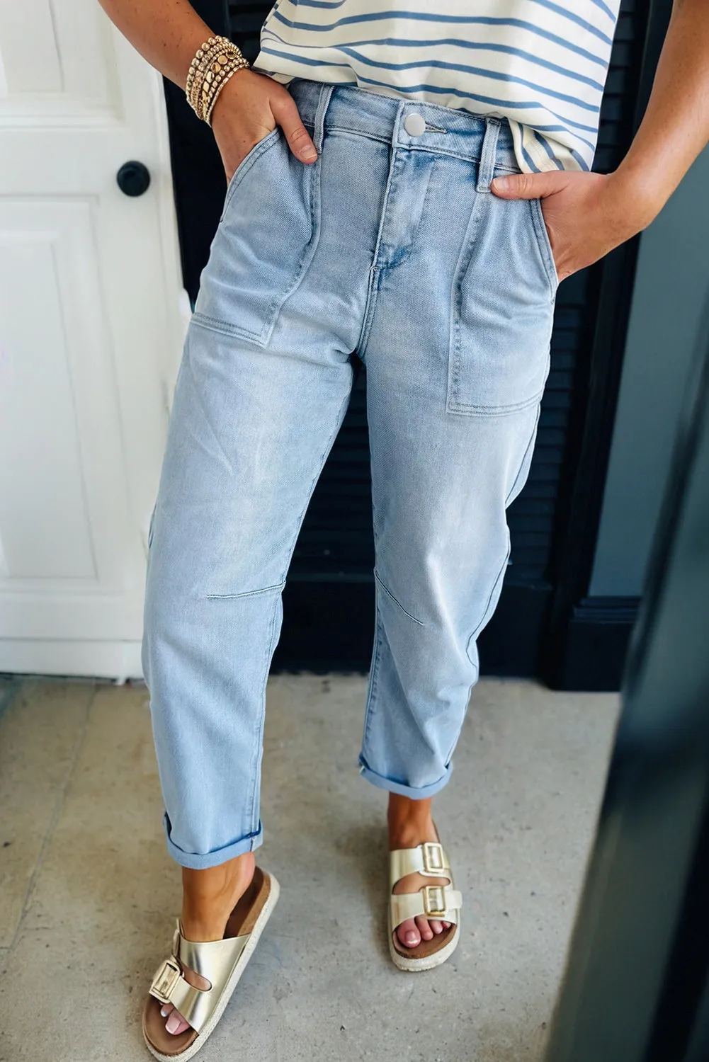 High Rise Barrel Relaxed Patch Pocket Jeans sold by eAura
