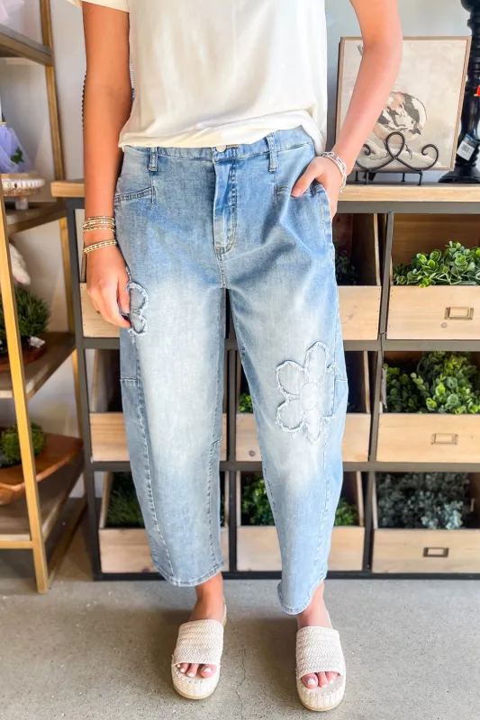 Flower Patched Light Wash Cropped High Waist Jeans sold by eAura