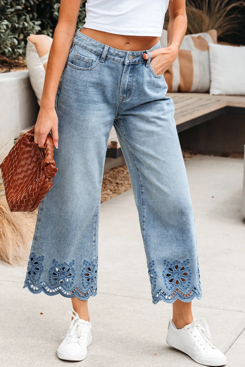 Embroidered Cropped Wide Leg High Waist Jeans sold by eAura product image thumbnail 4