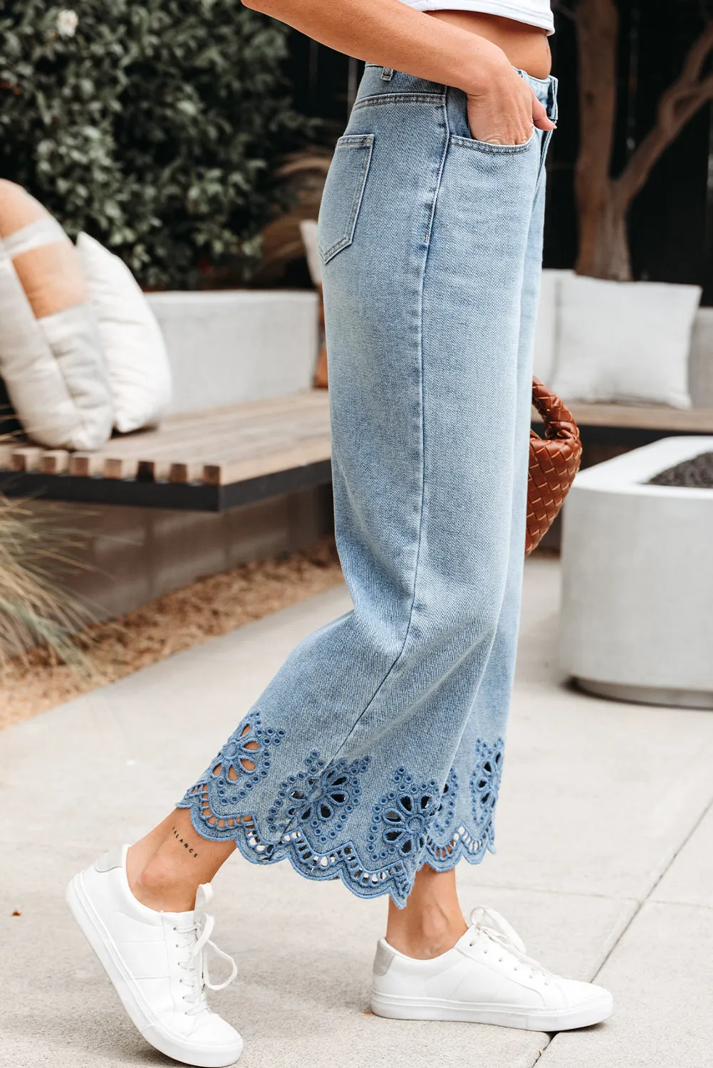 Embroidered Cropped Wide Leg High Waist Jeans sold by eAura product image thumbnail 3