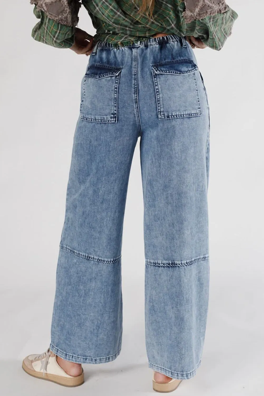 Acid Wash Exposed Seam Drawstring Elastic Waistband Jeans sold by eAura product image thumbnail 2