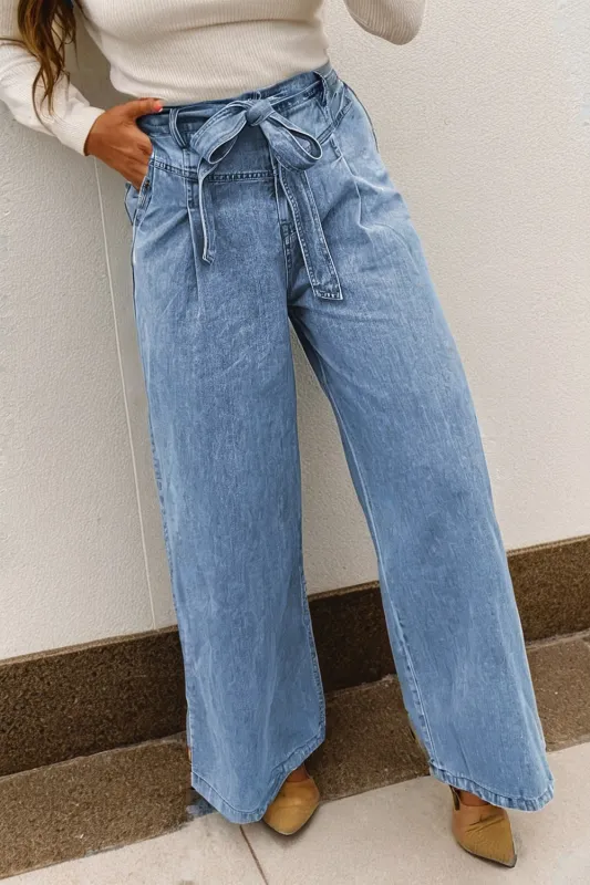 Western Washed Bow Knot Sash Wide Leg Jeans sold by eAura