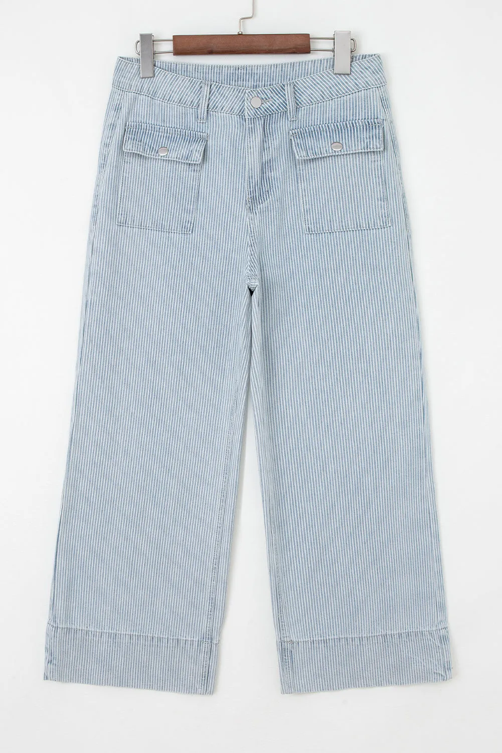 Stripe Button Flap Pocket Cuffed Hem Wide Leg Jeans sold by eAura product image thumbnail 4