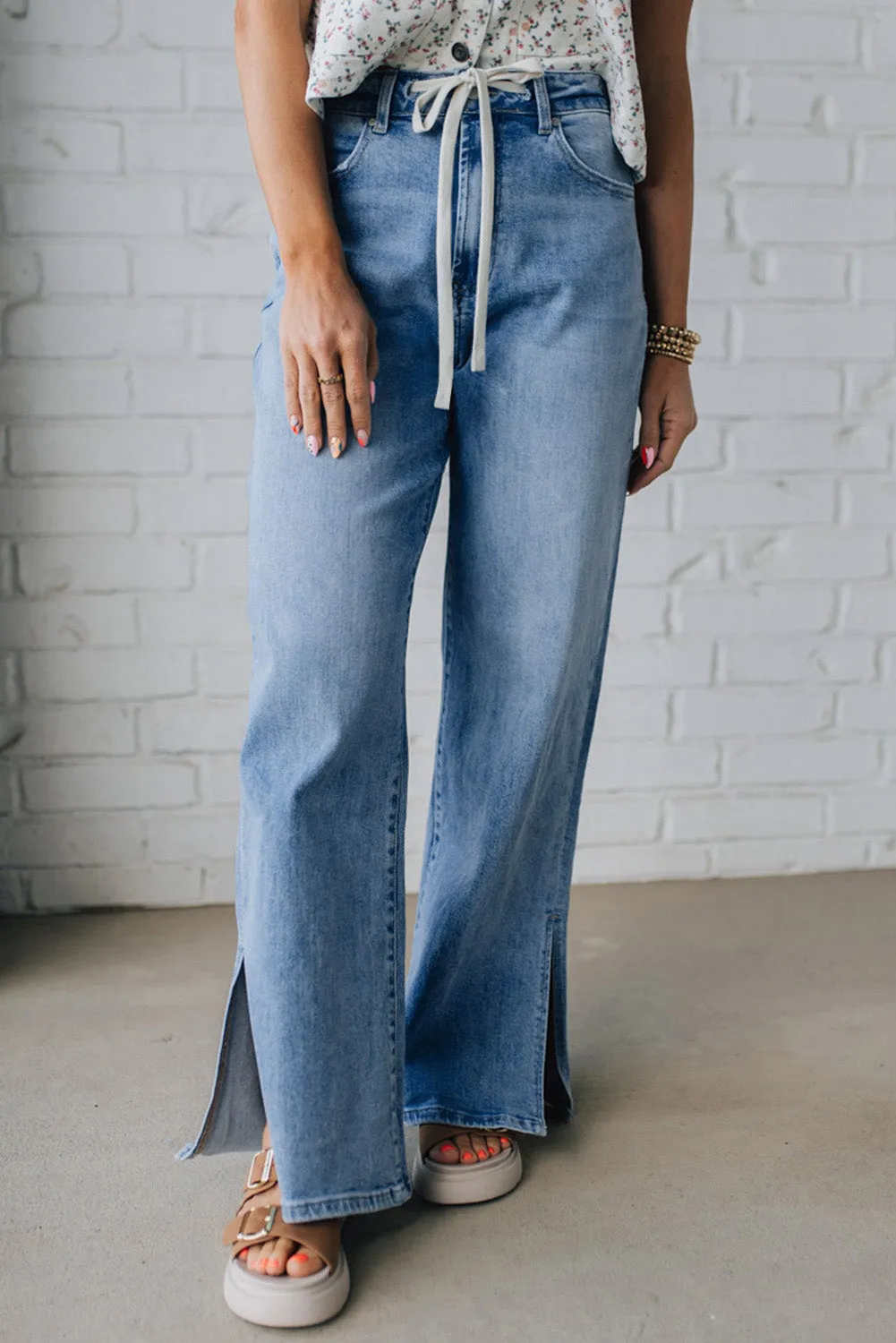 Slit Leg High Rise Drawstring Casual Jeans sold by eAura