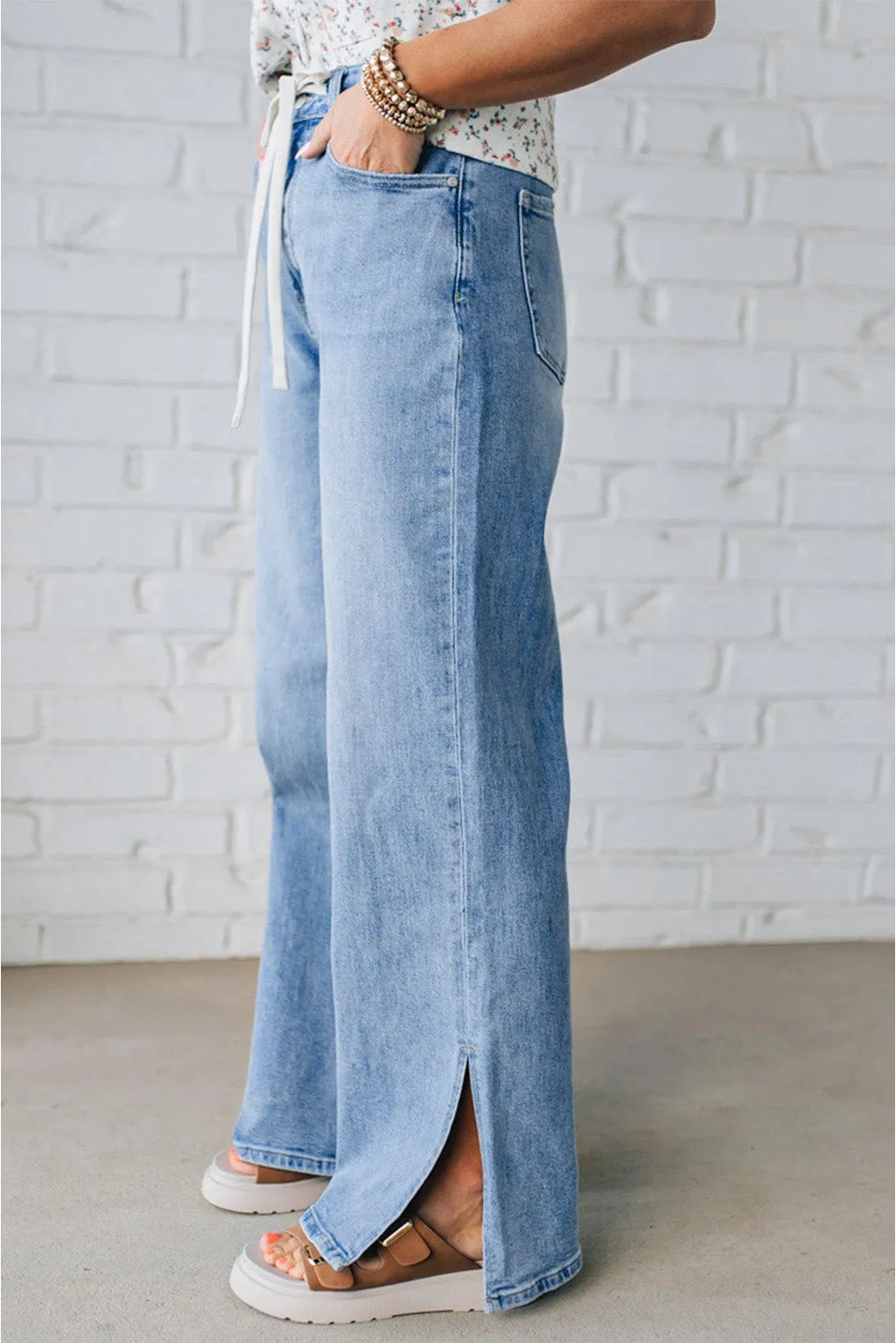 Slit Leg High Rise Drawstring Casual Jeans sold by eAura product image thumbnail 4