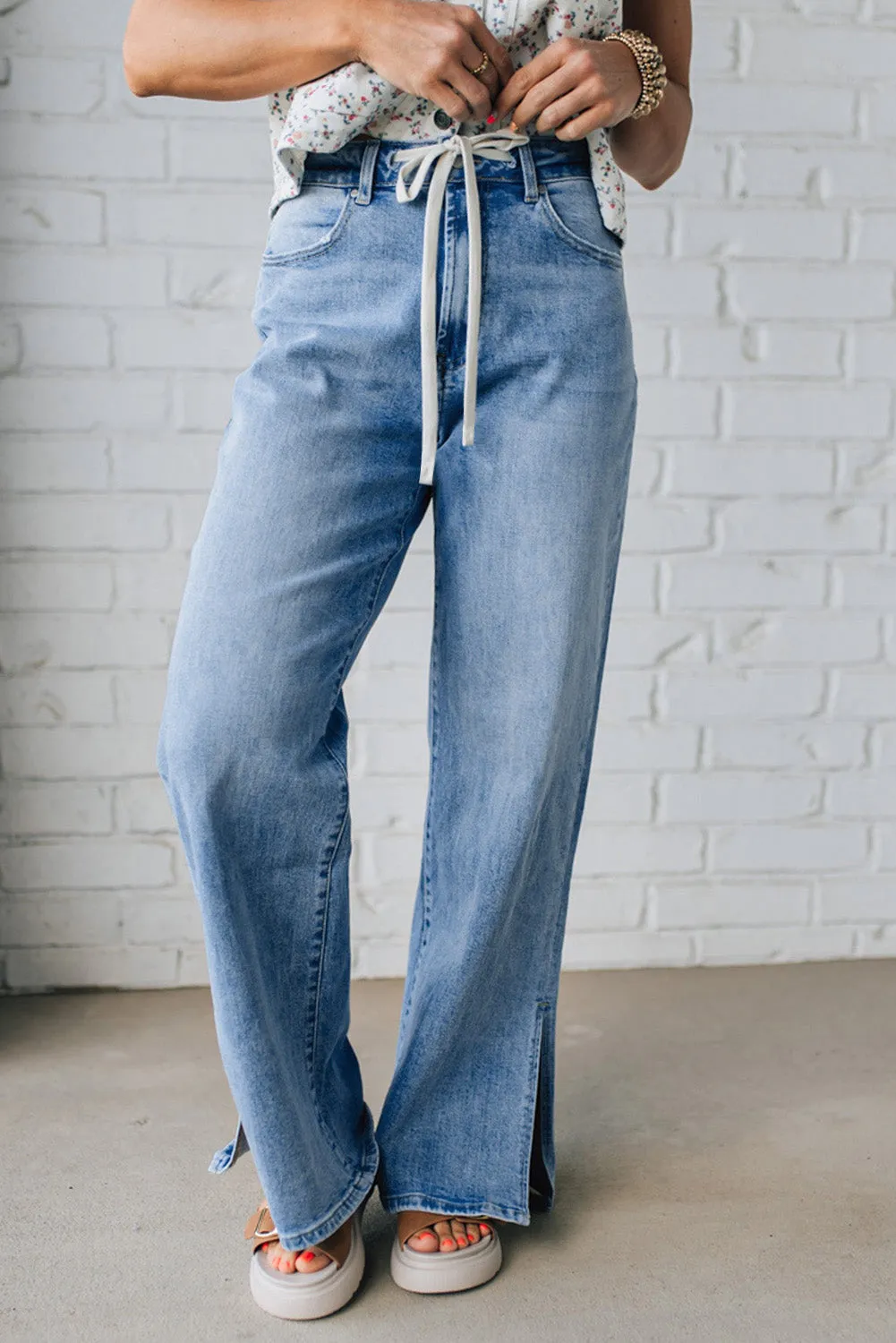 Slit Leg High Rise Drawstring Casual Jeans sold by eAura product image thumbnail 5