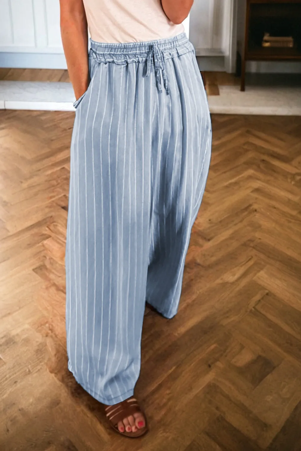 Stripe Chambray Wide Leg Tied Elastic Waist Trousers sold by eAura