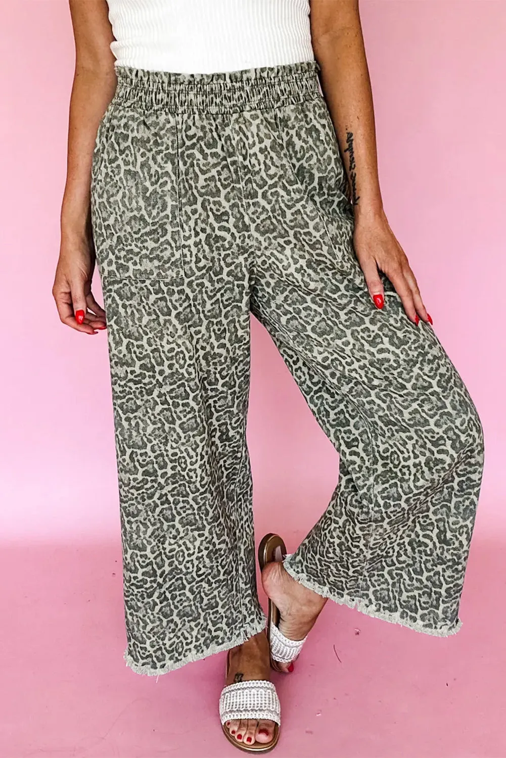 Leopard Print Raw Hem Elastic Waist Loose Pull On Jeans sold by eAura