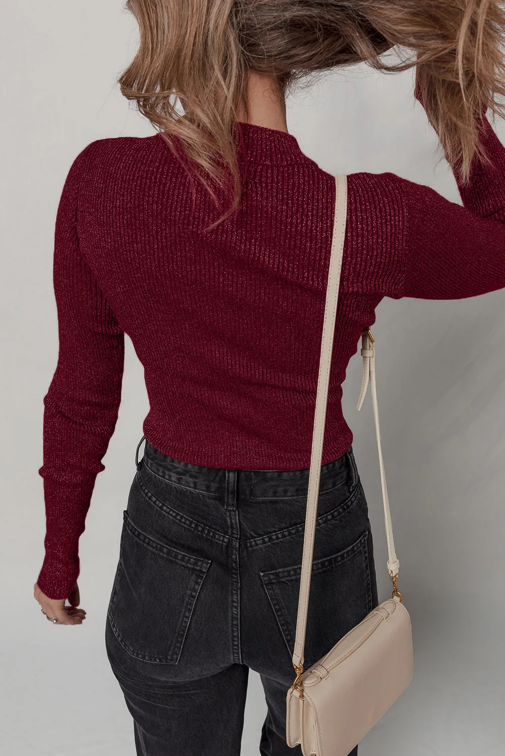 Red Dahlia Metal Ribbed Knit Long Sleeve Slim Fit Top sold by eAura product image thumbnail 2