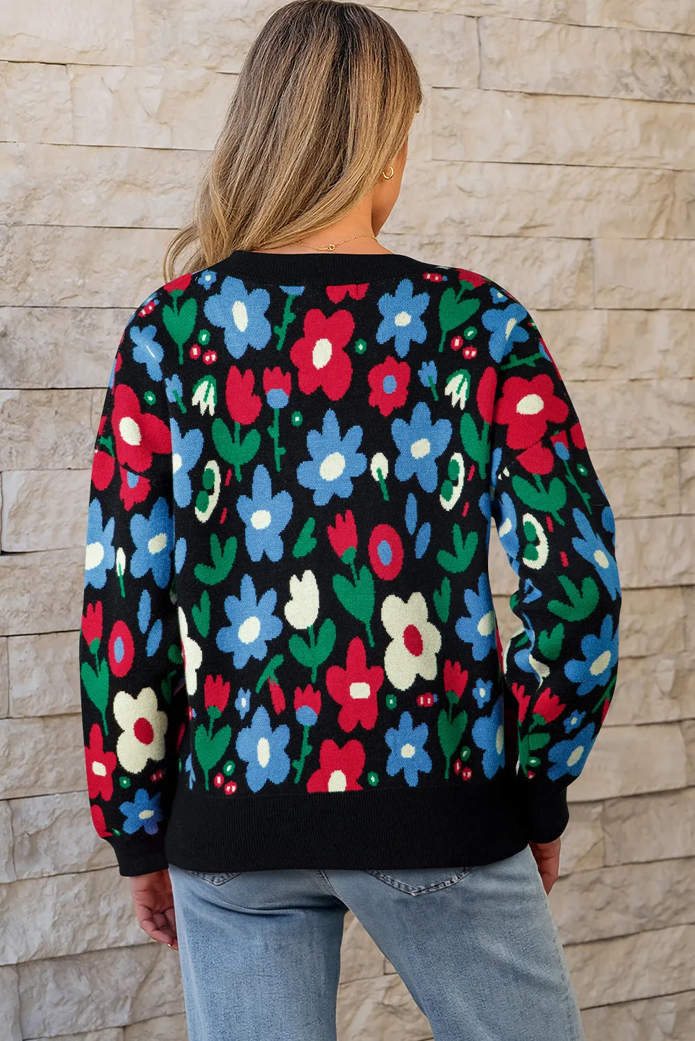 Floral Print V-Neck Buttoned Short Cardigan Sweater sold by eAura product image thumbnail 2
