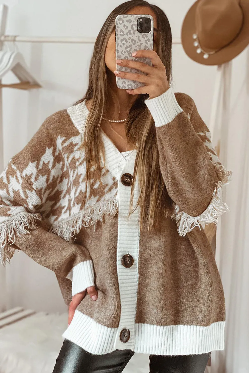 Houndstooth Cardigan Colour Block V-Neck Raw Edge Button Front sold by eAura product image thumbnail 3